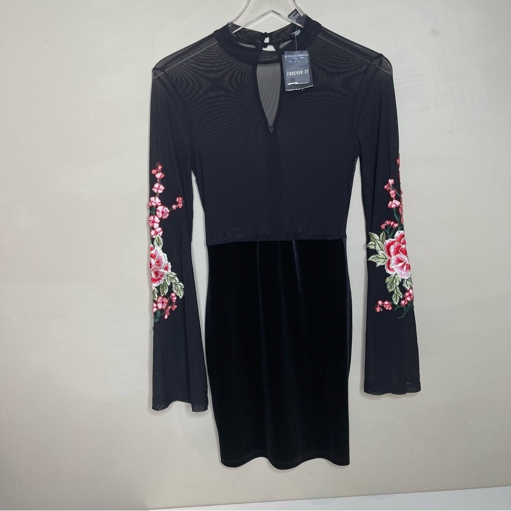 Forever 21 Black Mesh Dress w/ Floral Embroidered Bell Sleeves